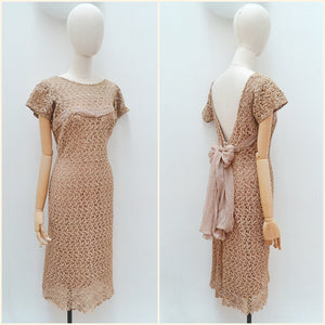 1950s Lace & silk fitted dress - Medium