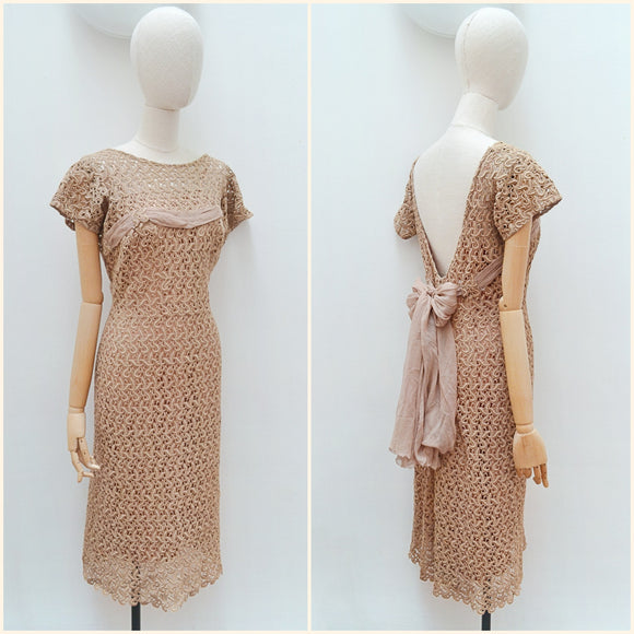 1950s Lace & silk fitted dress - Medium