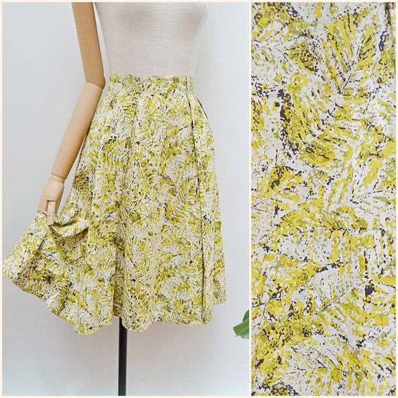 1950s Chartreuse leaf print cotton skirt - Extra small