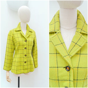 1970s Green orange check woollen fitted jacket - Small