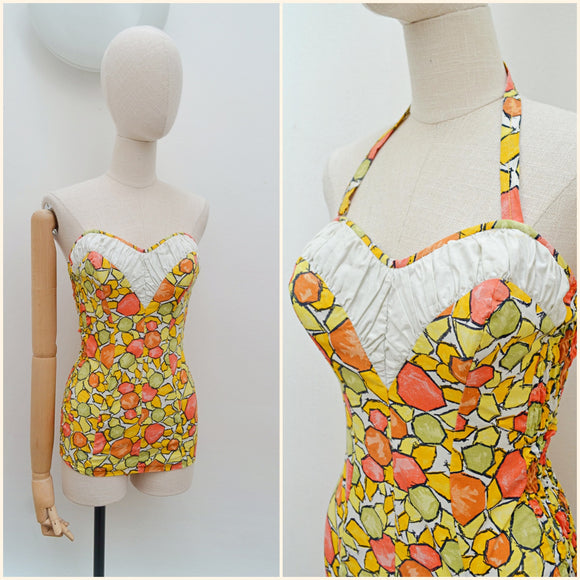 1950s Boned cotton swimsuit - Extra X small to Small