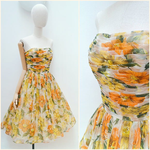 1950s Floral chiffon strapless dress - Extra small Small