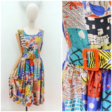 1950s Novelty patchwork print satin dress - Medium