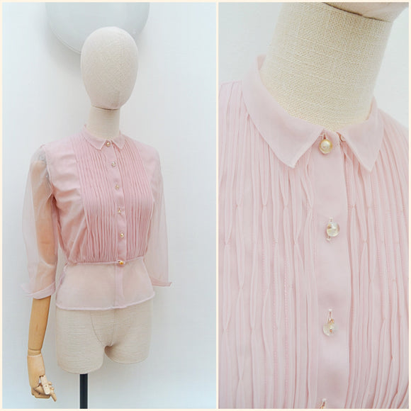 1940s 50s Sheer pin tuck blouse - Small