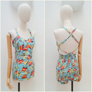 1940s Novelty print cotton swimsuit - Large