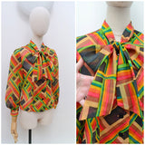 1970s Printed pussybow blouse - Extra small