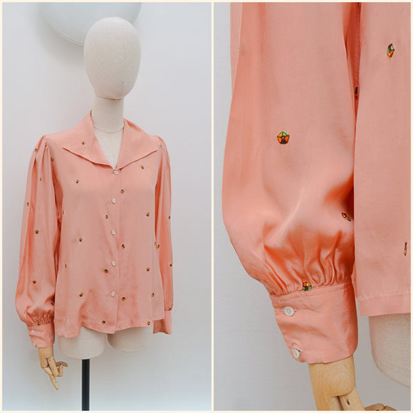70s does 40s Embroidered silk blouse - Medium