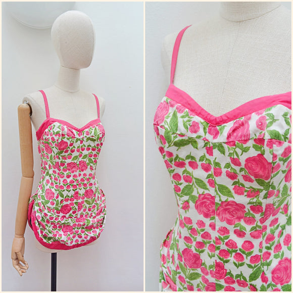 1950s Rose print cotton swimsuit - Small