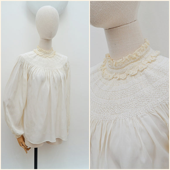 1930s Smocked rayon blouse - Small Medium