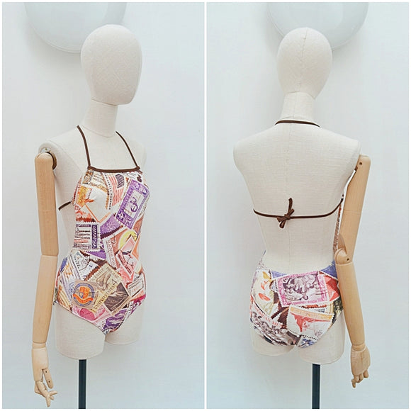 1970s Photorealistic stamp print swimsuit - Extra X small