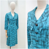 1950s 60s Printed teal collared day dress - Small