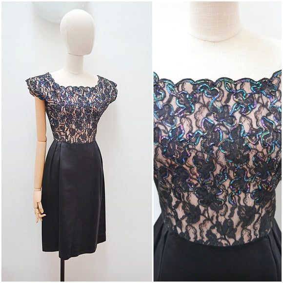 1950s Tinsel lace & satin cocktail dress - Small