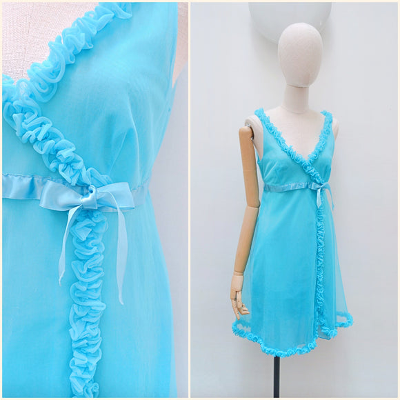 1960s Turquoise ruffle babydoll nightdress - Small
