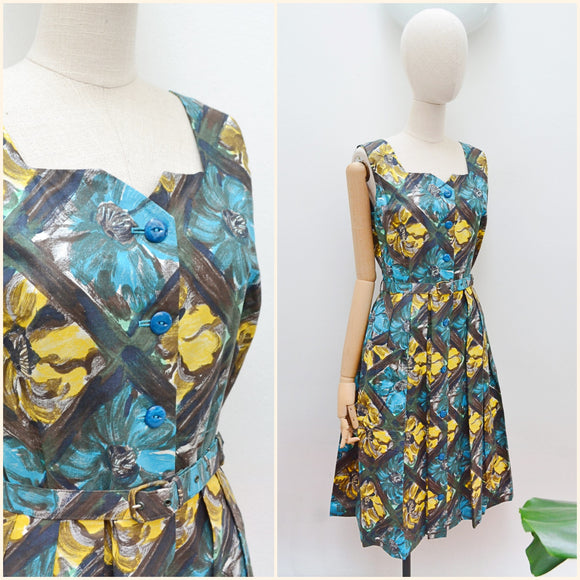 1950s Printed cotton dress with pocket - Medium