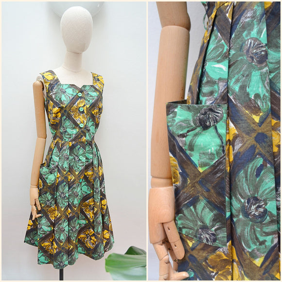 1950s Printed cotton dress with pocket - Medium