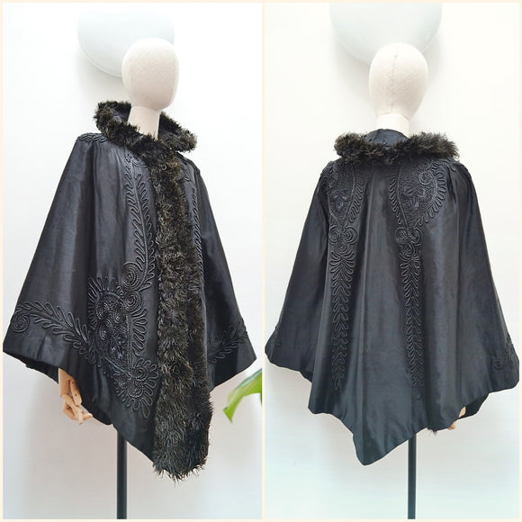 Victorian embroidered silk & ostrich cape - Small Medium