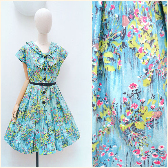 1950s Printed full skirt cotton dress - Large Extra Large