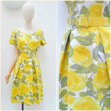 1960s Yellow rose cotton dress - Small