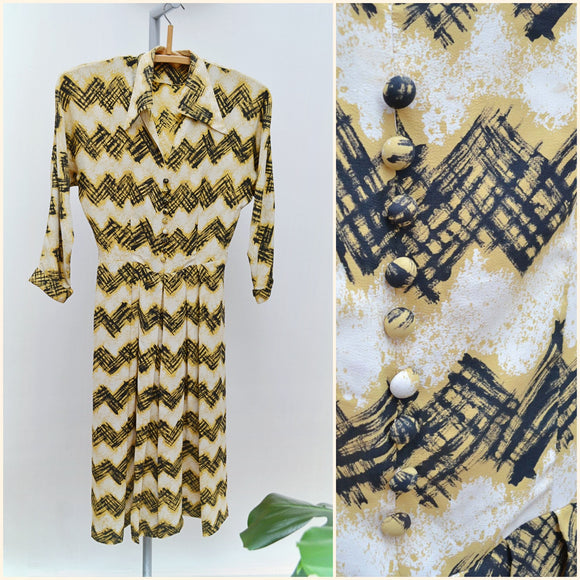 1940s Zigzag rayon dress - Extra x small
