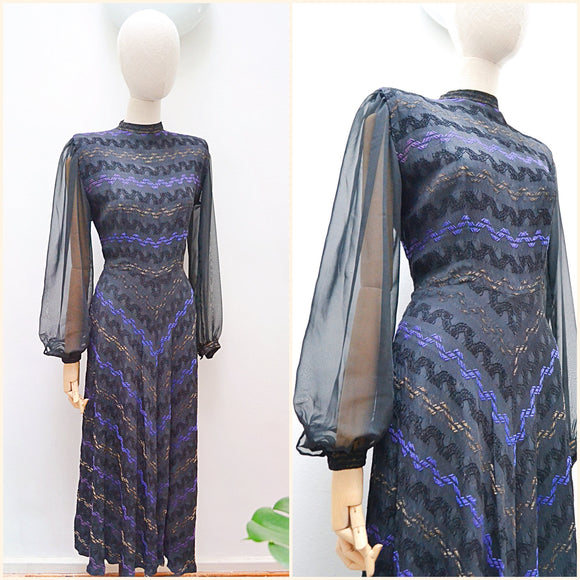 1940s Sheer sleeve evening dress - Small