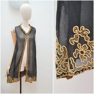 1920s Black & ochre embroidered chiffon overdress jacket - Small