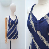 1940s Embroidered blue wool swimsuit - Extra small Small