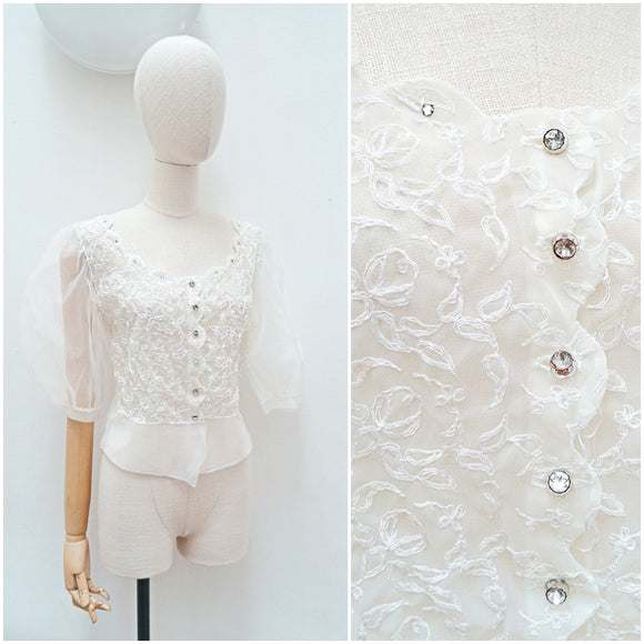 1940s Sheer white embroidered nylon evening blouse - Medium