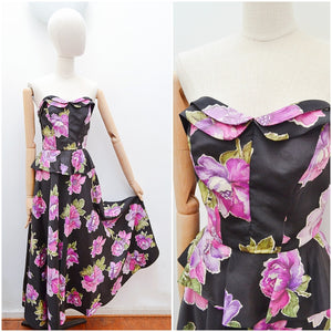 1940s Black & purple taffeta strapless peplum evening dress - Extra Small