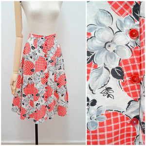 1940s Red & grey floral polka dot button front A line cotton skirt - Small