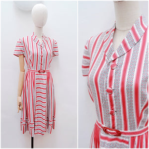 1940s Red stripe rayon day dress - Small