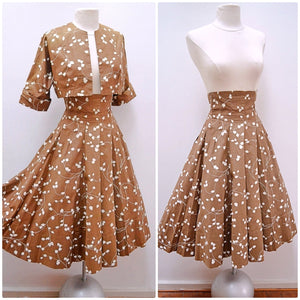 1940s Cocoa brown printed high waist skirt & bolero set