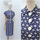 1940s Star print blue rayon day dress with pockets - Extra small