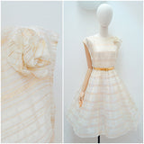 1950s Sheer cream & gold lame organza party dress - Medium