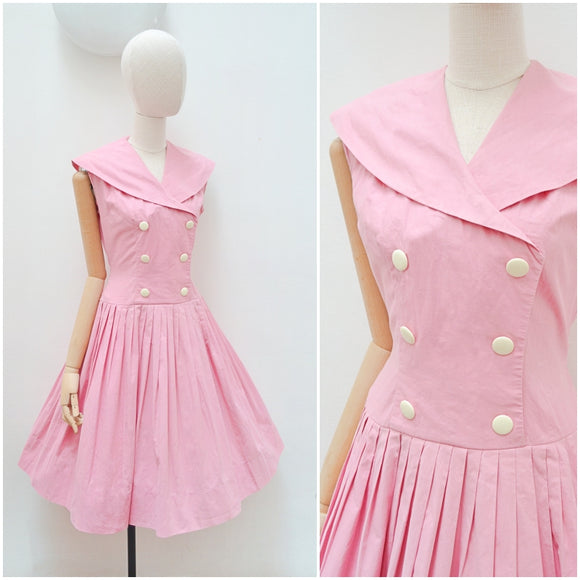 1950s Pink cotton sailor collar day dress - Small