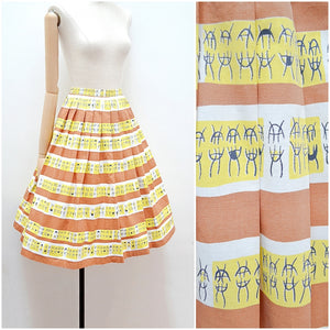 1950s Mid century print yellow stripe cotton pleated skirt - XS