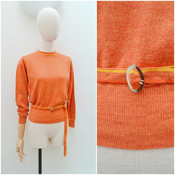 1960s 70s Orange jersey belted sweater - Small Medium