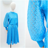 1970s Blue boucle balloon sleeve day dress - Medium Large