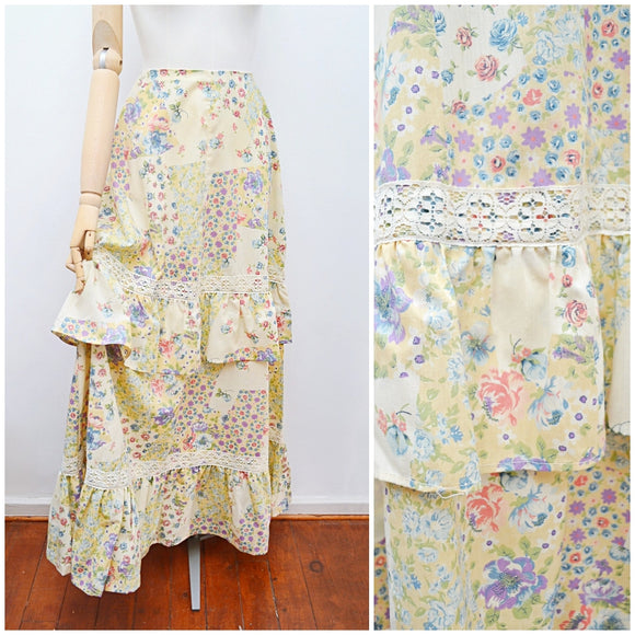 1970s Patchwork pastel floral print tiered maxi skirt - Extra X small