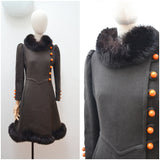 1970s Sheepskin collar brown & orange princess coat - Extra small