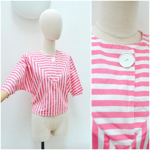 1980s Pink stripe batwing cotton top - Small