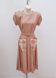 1940s Mocha rayon Brilkie day dress with applique pockets - Extra small