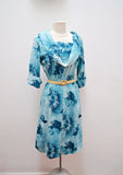 1960s Teal blue photographic daisy & rose print cotton day dress