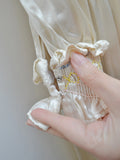 reserved 1930s Ivory silk satin peignoir with pastel smocking - Extra small Small