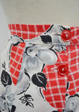 1940s Red & grey floral polka dot button front A line cotton skirt - Small