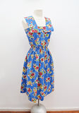 1940s Floral print seersucker cotton blue multicoloured day dress - Small