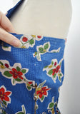 1940s Floral print seersucker cotton blue multicoloured day dress - Small