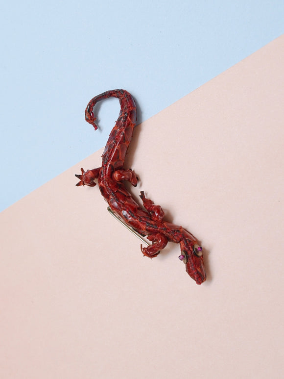1940s Red lizard skin & sequin salamander brooch