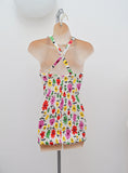 1950s Jantzen white cotton ruched swimsuit with yellow/green/red/purple print
