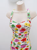 1950s Jantzen white cotton ruched swimsuit with yellow/green/red/purple print