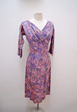 1950s Purple pink printed silk wrap bodice evening dress